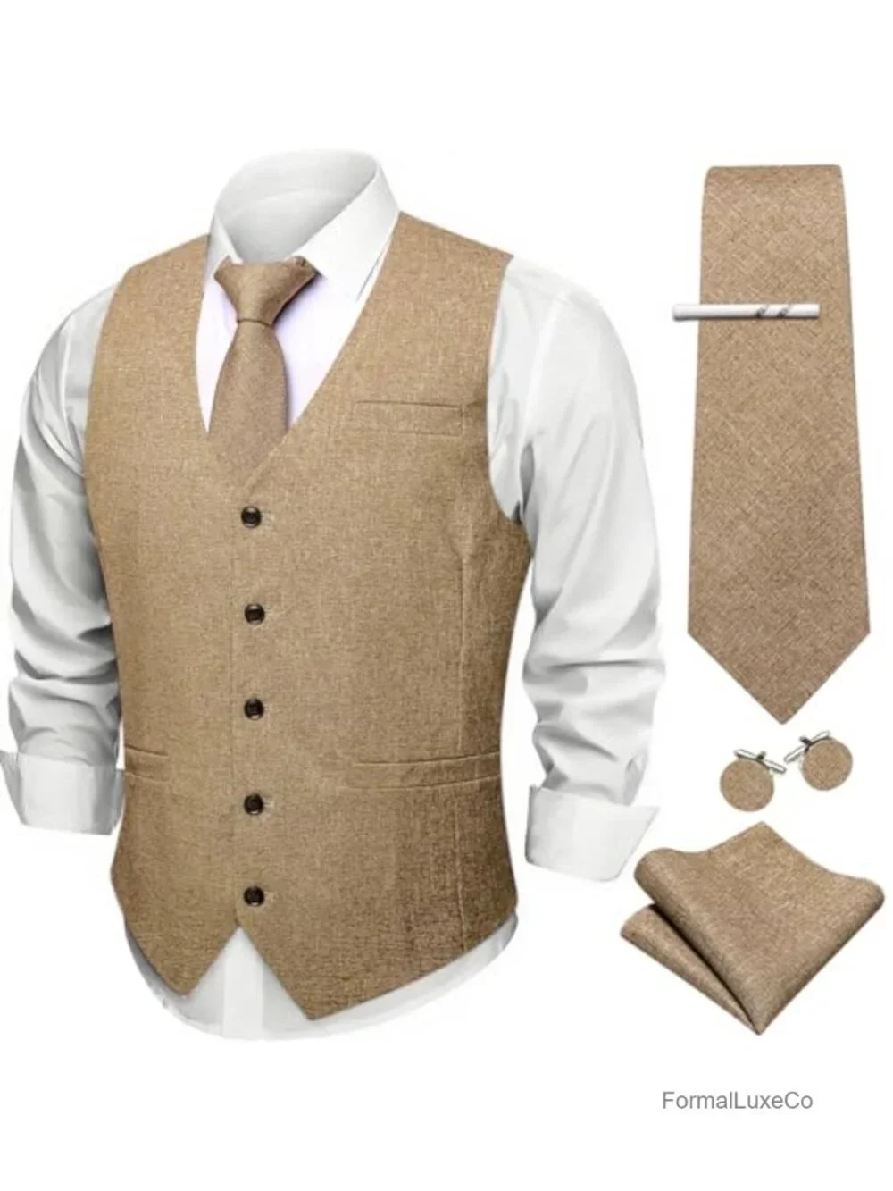 Men's Linen V-Neck Suit Vest & Tie Set with Handkerchief, Cufflinks, Tie Clip